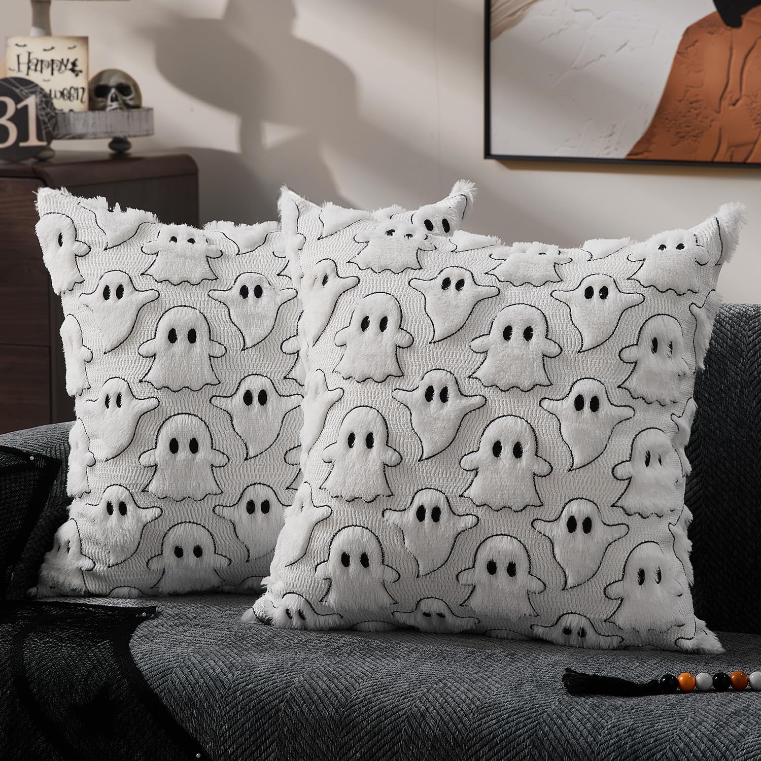 DFXSZ Halloween Pillow Covers 18x18 inch Set of 2 White Ghost Throw Pillow Cases Soft Plush Faux Fur Wool Couch Cushion Case for Chair Sofa Bedroom Living Room Home Decor PTK03A18